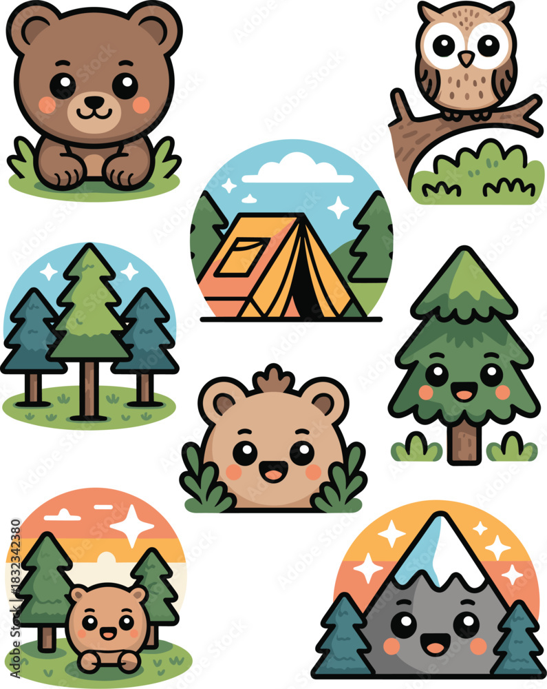 Naklejka premium A cute collection of adorable cartoon animal and nature icons featuring happy kawaii bears, an owl, green pine trees, a camping tent, and a majestic mountain peak, perfect vector graphic resources for