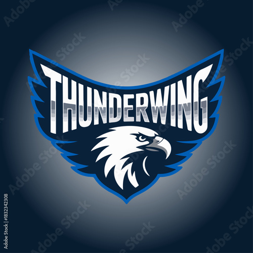 Thunderwing eagle shield logo with sweeping wings and glowing depth, powerful raptor mascot crest, modern sports branding vector for teams and esports