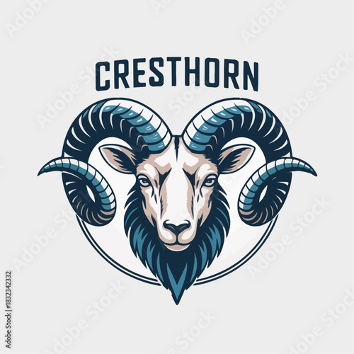 Cresthorn ram head shield mascot with massive spiral horns, rugged mountain wildlife team crest, bold vector emblem for sports branding and apparel.