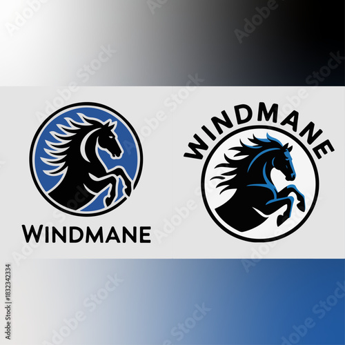 Windmane horse mark set with two circular stallion emblems, swift mane logos in blue gradient, modern equine brand vector for teams, clubs and apparel