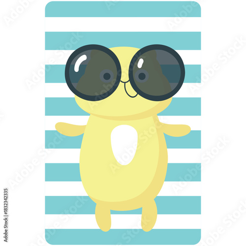 Hamster rest on beach vector. Vacation relax icon. Cute pet animal sunbathing lying on plaid blanket enjoy summer travel sun and season holiday at seaside illustration isolated on white background