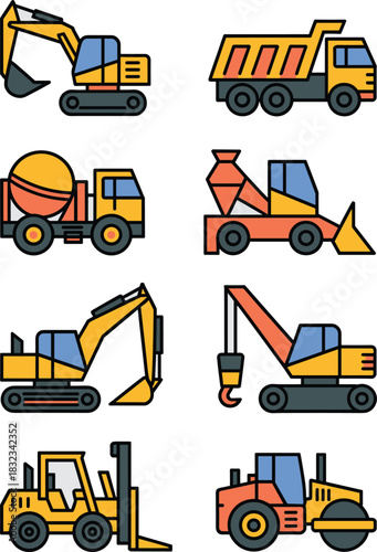 Colorful industrial vector icon collection featuring heavy duty equipment like diggers, cranes, rollers, dumpers, cement mixers, and forklifts, ideal for engineering documentation, business presentati