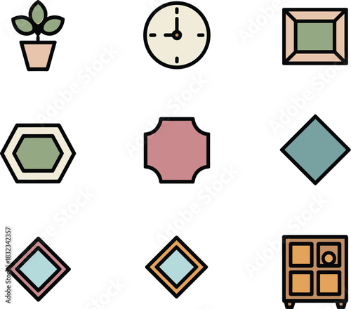 A grid of minimalist flat design interior icons featuring home decor elements, potted plant, analog clock, geometric frames, stylish rhombus, hexagon shapes, and storage cabinet illustration, perfect