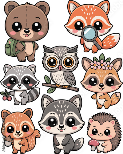 Adorable cute kawaii cartoon vector illustration set featuring nine happy forest and woodland animals like a hiking bear cub with backpack, curious fox with magnifying glass, wise owl, sweet squirrel,