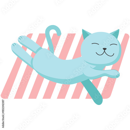 Cat on beach vector. Cute animal enjoy summer icon. Funny lazy sleepy pet sunbathing on plaid blanket. Holiday on weekend, season rest and happy character illustration isolated on white background
