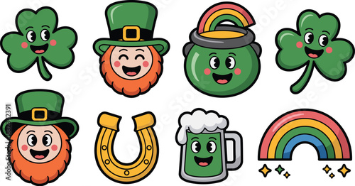 Adorable St Patrick's Day cartoon vector bundle featuring happy leprechaun mascots, lucky shamrocks, a vibrant rainbow, golden horseshoe, and green beer icons, a cheerful graphic resource kit for fest