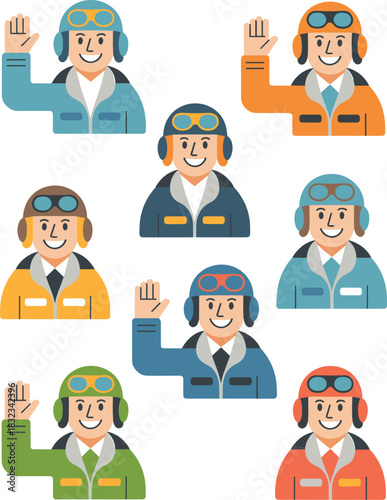 Diverse group of cheerful aviator and captain icons in colorful flight jackets, waving hands, depicted in modern flat vector illustration style, perfect for airline presentations, transport websites,