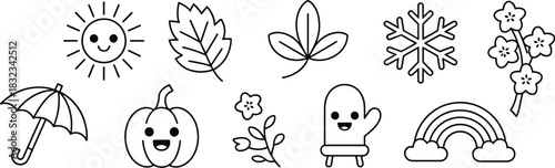Cute kawaii simple line art weather and seasonal icons collection featuring the sun, umbrella, autumn pumpkin, winter snowflake, and spring flowers, perfect vector outline graphic symbols set for kids