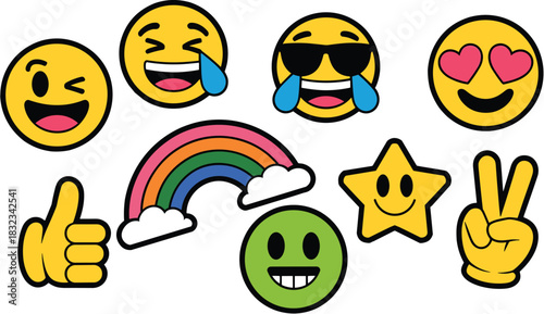 Big happy sticker pack featuring a diverse collection of fun cartoon emojis including laughing, love heart eyes, winking, cool sunglasses, approval thumbs up, peace sign hand, star rating, and colorfu