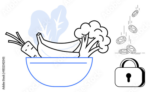 Bowl of fresh vegetables and fruits, coins representing expense, and a lock for security. Ideal for nutrition, savings, budgeting, health, diet planning, financial safety simple flat metaphor