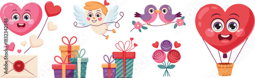 A delightful Valentine's Day cartoon vector illustration set featuring a flying cherub Cupid, happy heart balloon mascot, adorable kissing love birds, stacked festive presents, romantic rose bouquet,