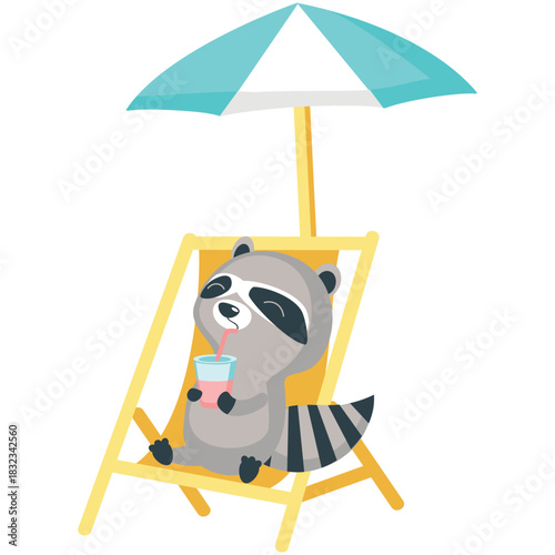 Raccoon rest on beach vector. Cute animal drinking fresh juice or soda summer cocktail sunbathing on deckchair enjoy summer relax on tropical seaside illustration isolated on white background