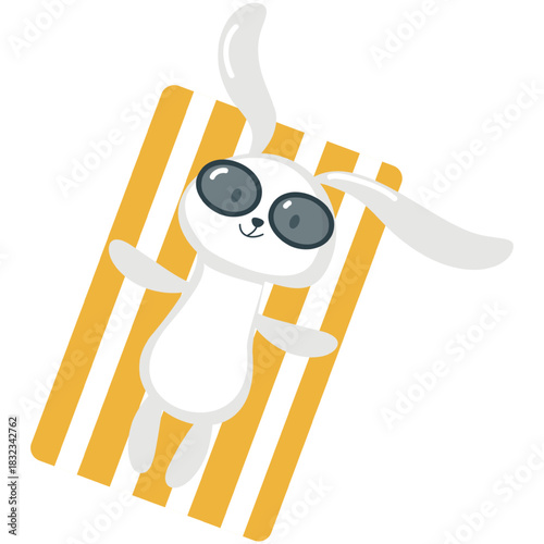 Rabbit on summer beach vector. Kawaii animal cartoon funny easter bunny icon. Lazy cute hare character sunbathing on plaid blanket isolated on white background