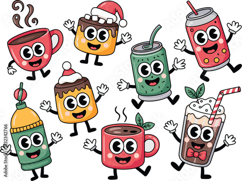 Playful cartoon doodle illustration of various happy anthropomorphic drinks including hot coffee cups, cold brew, red soda pop, green cans, and sweet holiday dessert mascots, ideal as a seamless festi