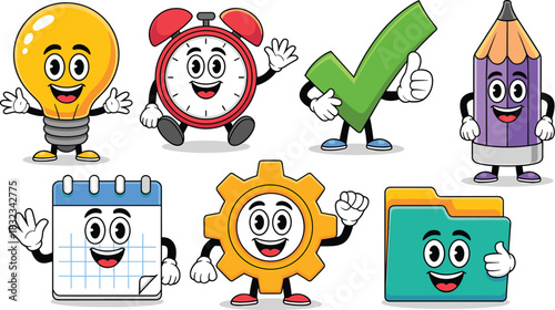 Whimsical productivity mascots representing conceptual business management and workflow tools, featuring a lightbulb idea, time clock, calendar, gear, purple pencil, checkmark success, and folder orga