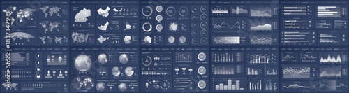 Mega set of infographic elements data visualization vector design template. Includes social media, business process, people, workflow, diagram, flowchart, timeline, marketing. Bundle info graphics.