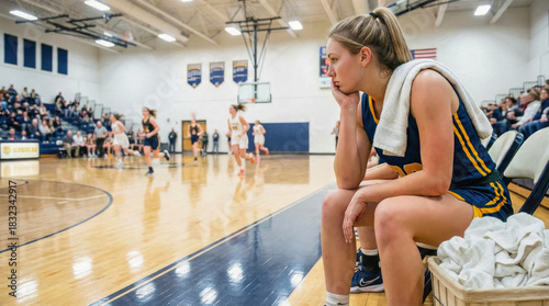 High school girl's basketball player with an expression of disappointment after being benched during a game. School basketball court. Parents in attendance.