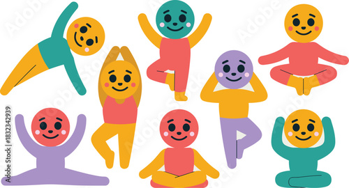 A cheerful collection of colorful flat design emoji characters performing diverse yoga, fitness, and stretching poses for health, wellness, and balance training, used in modern digital education, rela