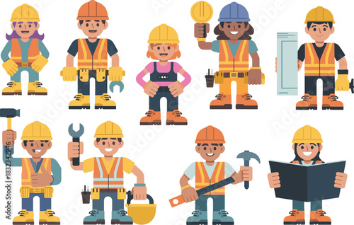 Diverse professional construction workers team of builders and industrial tradespeople, standing ready with tools and blueprints, depicting essential skilled labor, maintenance, and job roles. Friendl
