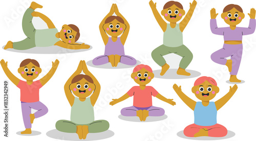Cheerful diverse group of kids performing various common yoga poses and stretching exercises, illustrating balance, mindfulness, and healthy physical activity in a bright cartoon flat design vector fo