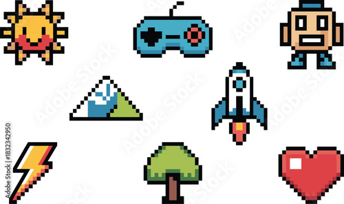 A vibrant collection of retro pixelated 8-bit video game icons and digital graphic assets, featuring a sun, controller, futuristic robot, tree, lightning bolt, mountain, rocket, and heart health symbo
