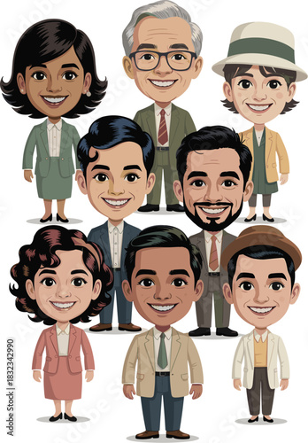 Large diverse group of friendly smiling businesspeople, including senior and junior staff, depicted in professional vector illustration style, symbolizing inclusion, global team management, and employ
