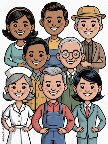 Eight diverse multi-ethnic individuals from varied occupations, including nurse, businessman, farmer, and seniors, standing together smiling happily for workforce representation, essential jobs, commu