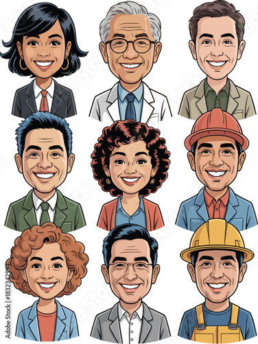 Diverse group of smiling multi-ethnic professionals, managers, and essential industry workers in vector cartoon headshot portraits representing careers in business, healthcare, construction, engineeri