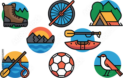 Colorful adventure and recreation icon set featuring vector graphics of leisure activities and vacation hobbies including hiking boots, camping tent, kayaking, sailing, wildlife birding, soccer ball,