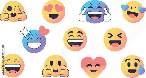 Vibrant collection of cheerful 2D gradient emojis and happy emoticons showing diverse positive emotions like joy, laughing, love, approval, excitement, and delight for modern digital communication, so