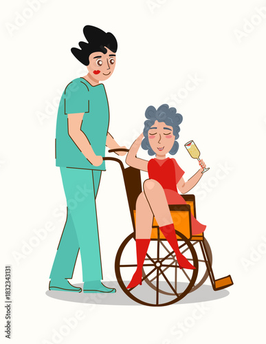 doctor is transporting an older lady in a wheelchair