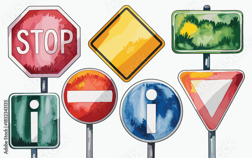 A vibrant collection of essential road and traffic regulation signs, including Stop, Yield, No Entry, Warning, and Information symbols, beautifully rendered in a stylized watercolor illustration for s