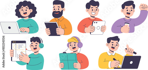 Diverse group of happy professionals and students using various modern digital devices including laptops, tablets, and phones for remote work, communication, e-learning, and creative design tasks, sho