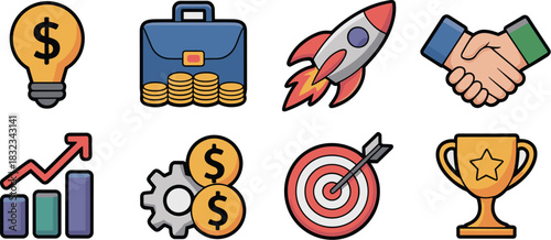 Diverse conceptual business flat vector icons set, ideal for financial presentations and corporate development, featuring innovation lightbulb ideas, market growth charts, investment strategy, success