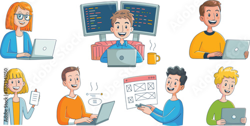 Cheerful group of diverse young IT professional developers, designers, and programmers collaboratively working on modern digital technology projects, representing software development, remote work, an