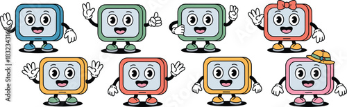 A collection of friendly, colorful retro cartoon screen mascots and anthropomorphic mobile device characters waving and smiling, illustrating modern digital technology, innovative business concepts, c