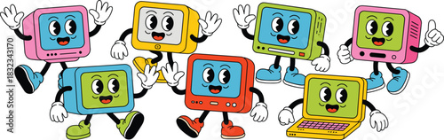 A vibrant group of seven retro vintage computer cartoon characters, including different colored monitors and a laptop, walking and waving happily with arms and legs in a groovy 1990s aesthetic style,