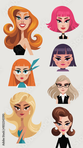 Diverse vector illustration of eight stylized modern female character portraits, featuring varied hairstyles, colorful makeup, and fashionable archetypes from glamorous pin-up to serious business prof