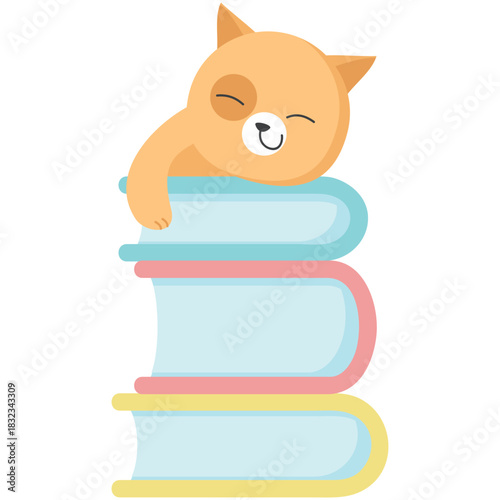 Cat vector illustration. Cartoon cute character kitten sleeping on stacked book pile icon. Sleepy funny napping pet isolated on white background