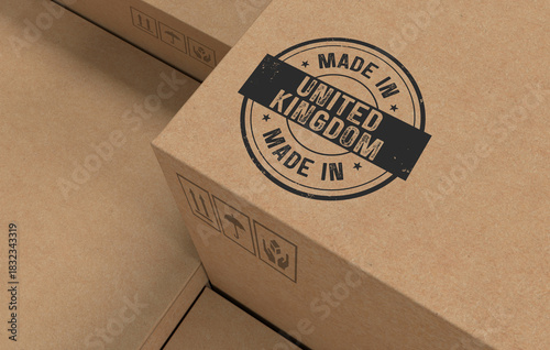 Cardboard Carton Boxes with Made in United Kingdom (UK) Stamp - 3D Render