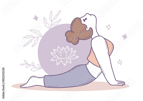 Cute Woman Doing Yoga in Stretching in Dog Pose Face Up with Floral Elements. Color hand-drawn, doodle in pastel colors. Vector illustration. Female Character and Fitness. Not AI