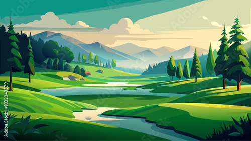 Very beautiful golf course scene with a perfectly cut fairway, smooth green textures, and blurred forest background capturing a serene sporty atmosphere with clean, stock-friendly composition.