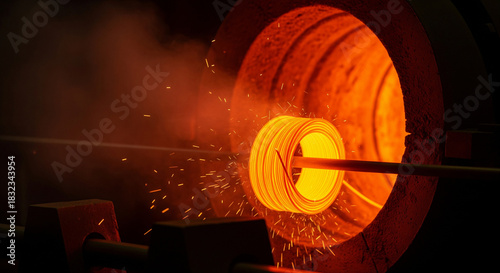 Glowing orange coil emerges from furnace during annealing process in metalworking facility