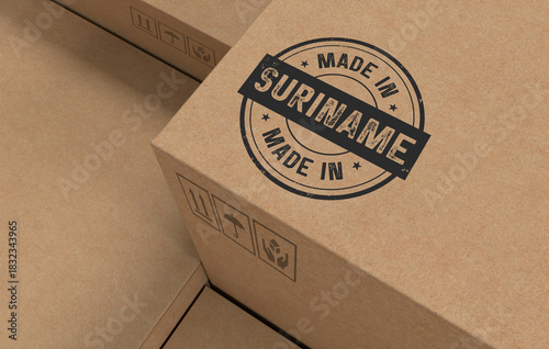 Cardboard Carton Boxes with Made in Suriname Stamp - 3D Render