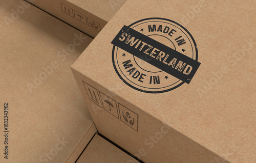 Cardboard Carton Boxes with Made in Switzerland Stamp - 3D Render