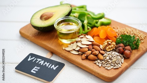 Assorted natural foods high in vitamin E arranged on a wooden board with chalkboard label. Includes avocado, nuts, seeds, oil, and vegetables.  AI generated.
