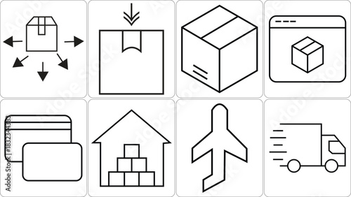 Collection of shipping and logistics icons representing delivery and storage solutions