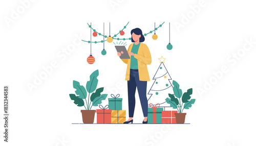 Woman uses tablet for holiday shopping surrounded by gifts Christmas tree and ornaments