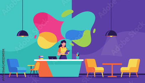 Hostess at a vibrant modern reception desk using a tablet in a stylish office or lounge