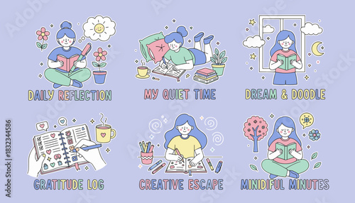 Selfcare and wellness sticker set journaling daily reflection quiet time gratitude log and creativity